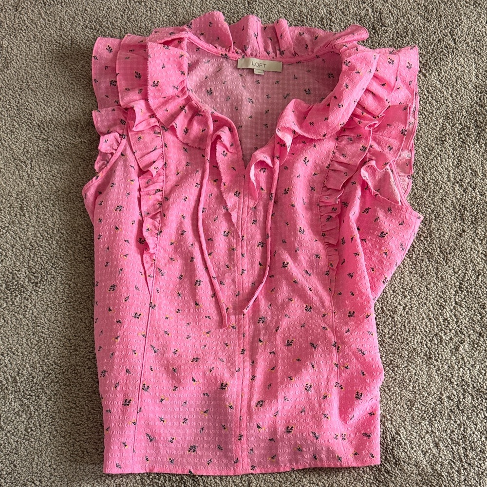 LOFT Pink Floral Ruffle Top